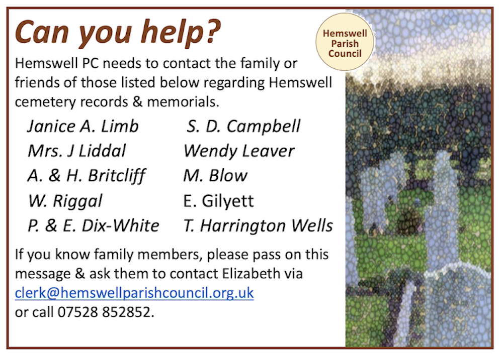 Names of contacts for cemetery