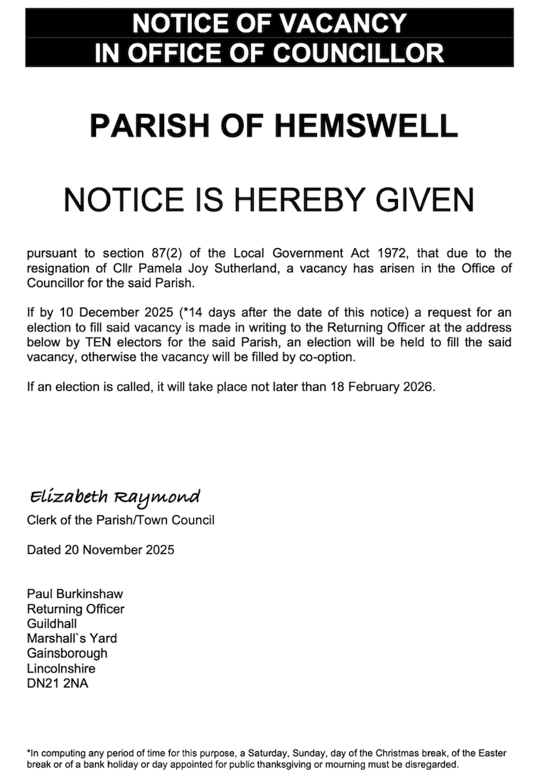 Notice of a vacancy for Hemswell PC